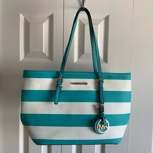 Michael Kors Teal and White stripe purse
